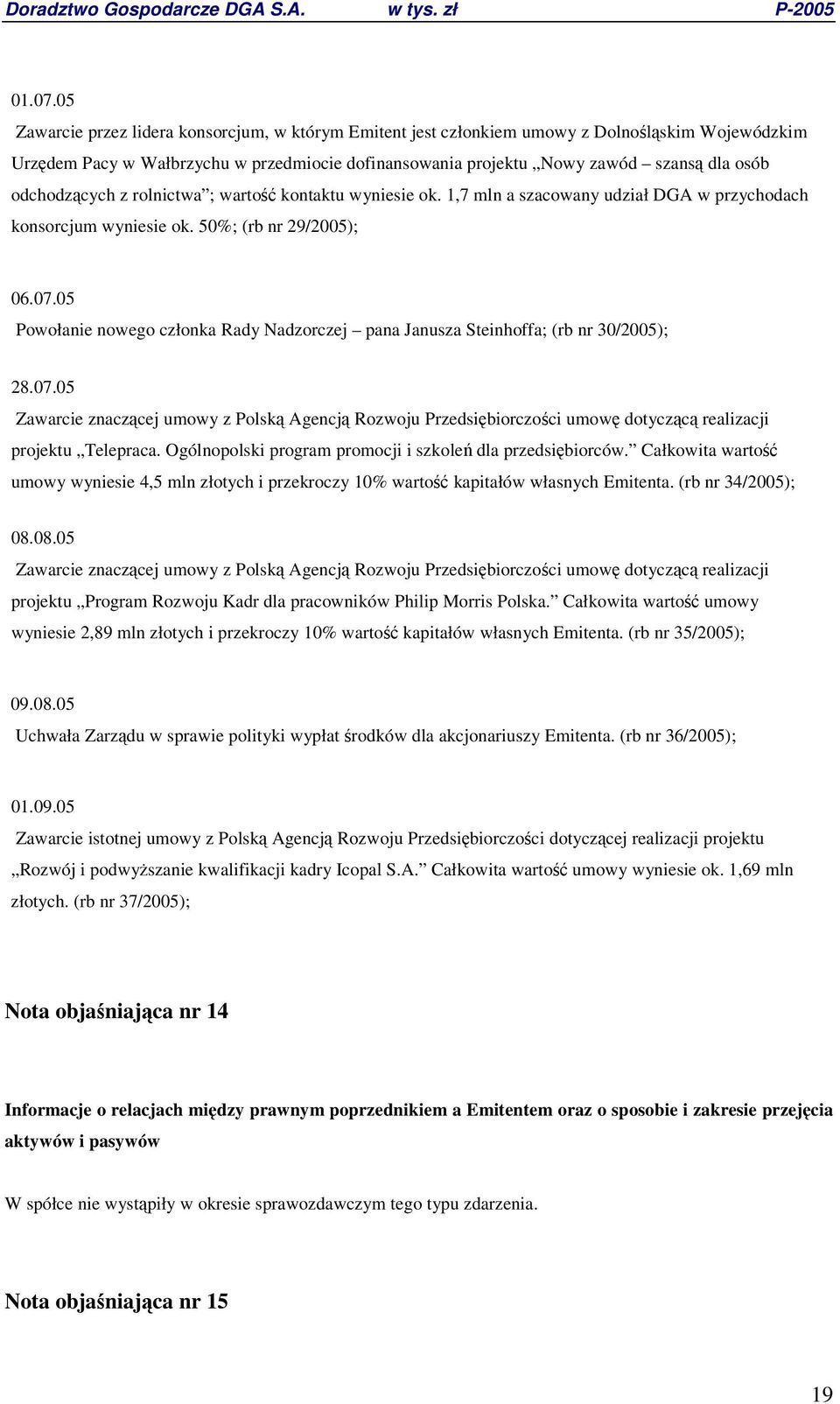 odchodzcych z rolnictwa ; warto kontaktu wyniesie ok. 1,7 mln a szacowany udział DGA w przychodach konsorcjum wyniesie ok. 50%; (rb nr 29/2005); 06.07.