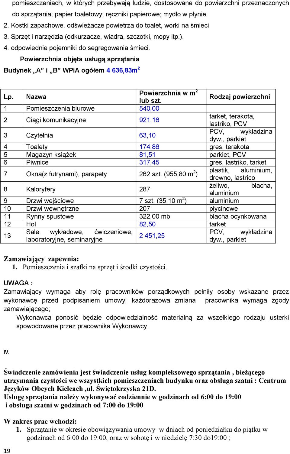 Powierzchnia objęta usługą sprzątania Budynek A i B WPiA ogółem 4 636,83m 2 Lp. Nazwa Powierzchnia w m 2 lub szt.