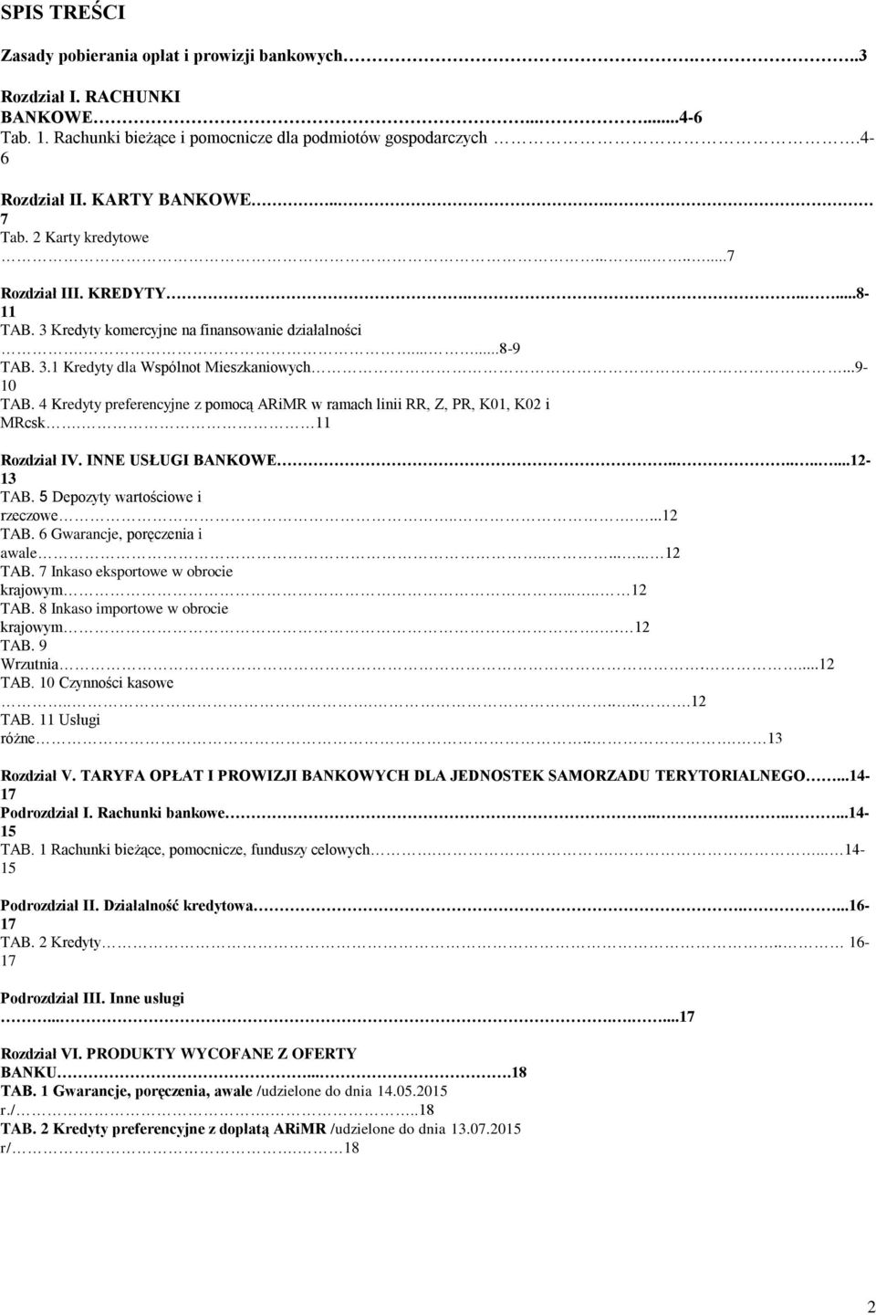 4 Kredyty preferencyjne z pomocą ARiMR w ramach linii RR, Z, PR, K01, K02 i MRcsk. 11 Rozdział IV. INNE USŁUGI BANKOWE.........12-13 TAB. 5 Depozyty wartościowe i rzeczowe......12 TAB.