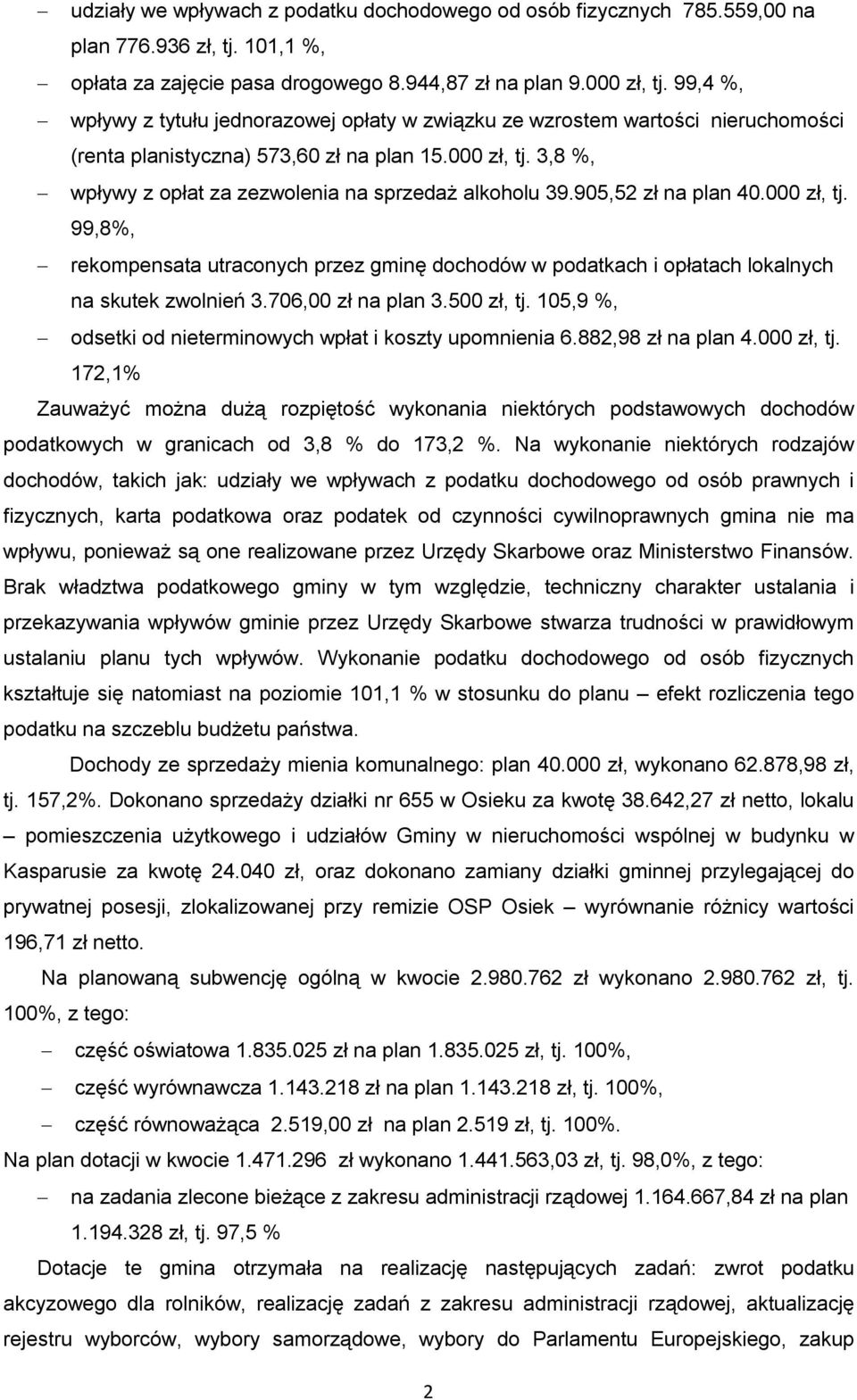 3,8 %, wpływy z opłat za zezwolenia na sprzedaż alkoholu 39.905,52 zł na plan 40.000 zł, tj. 99,8%, rekompensata utraconych przez gminę dochodów w podatkach i opłatach lokalnych na skutek zwolnień 3.