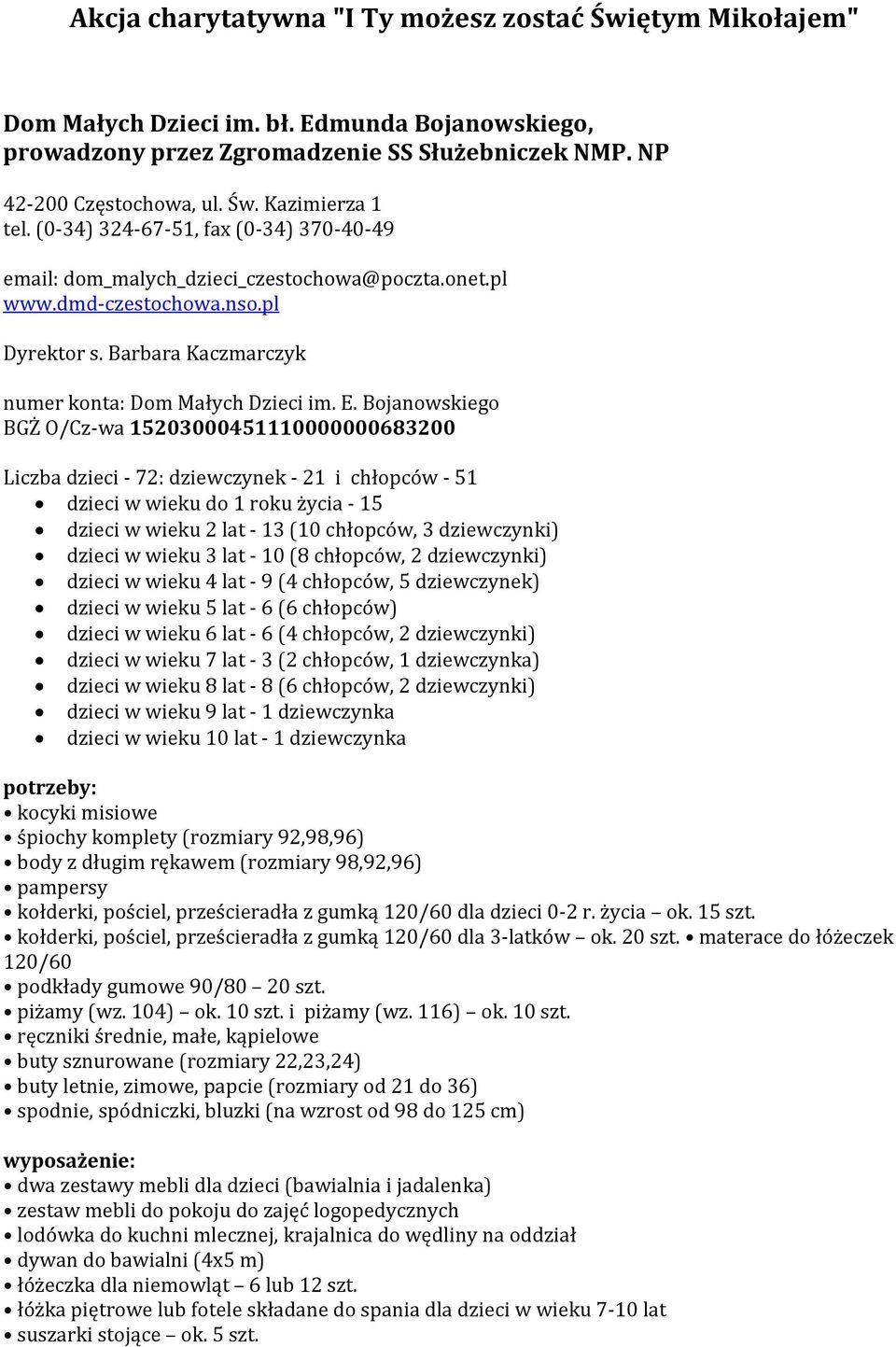 Bojanowskiego BGŻ O/Cz-wa 15203000451110000000683200 Liczba dzieci - 72: dziewczynek - 21 i chłopców - 51 dzieci w wieku do 1 roku życia - 15 dzieci w wieku 2 lat - 13 (10 chłopców, 3 dziewczynki)