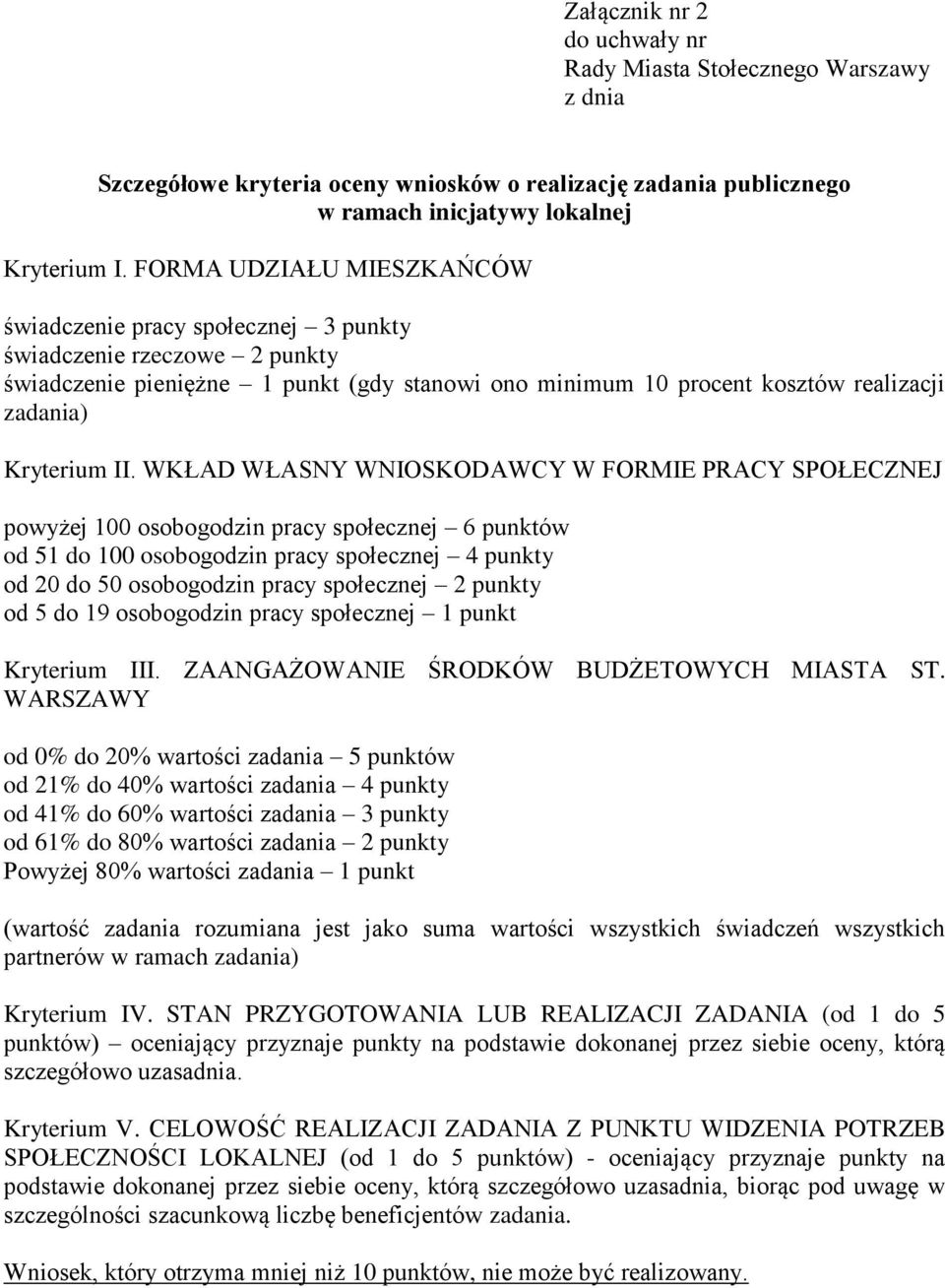 II. WKŁAD WŁASNY WNIOSKODAWCY W FORMIE PRACY SPOŁECZNEJ powyżej 100 osobogodzin pracy społecznej 6 punktów od 51 do 100 osobogodzin pracy społecznej 4 punkty od 20 do 50 osobogodzin pracy społecznej