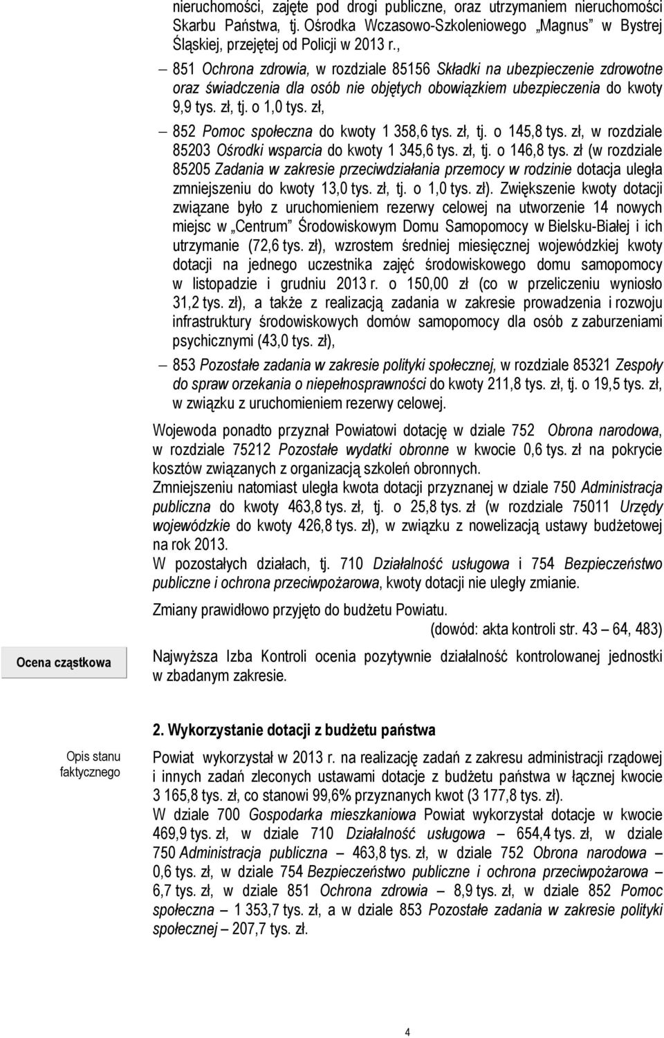 zł, 852 Pomoc społeczna do kwoty 1 358,6 tys. zł, tj. o 145,8 tys. zł, w rozdziale 85203 Ośrodki wsparcia do kwoty 1 345,6 tys. zł, tj. o 146,8 tys.