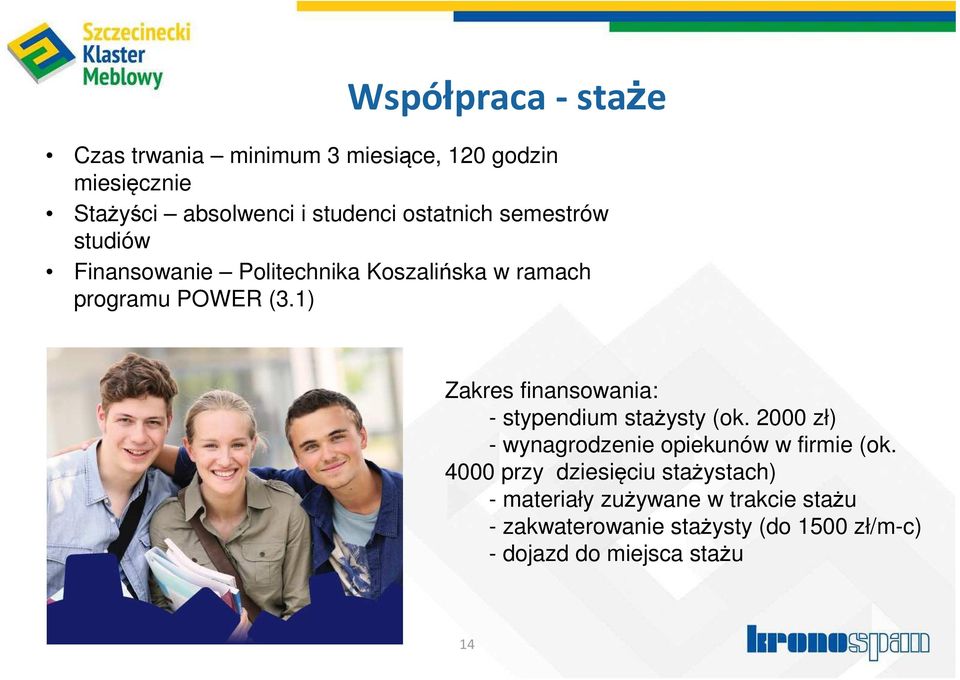 1) Zakres finansowania: - stypendium stażysty (ok. 2000 zł) - wynagrodzenie opiekunów w firmie (ok.