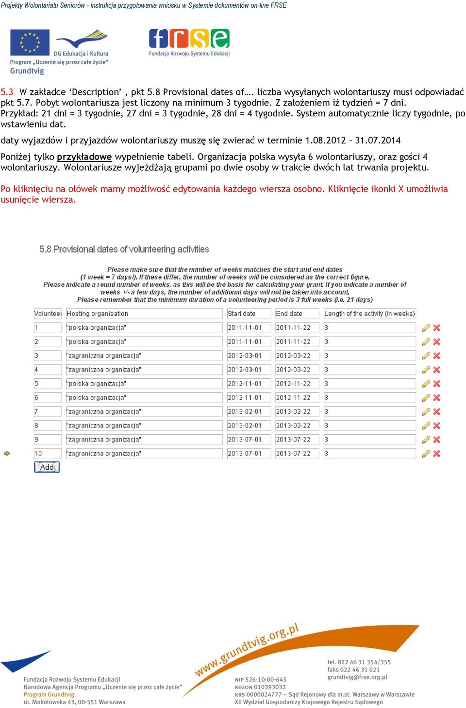 daty wyjazdów i przyjazdów wolontariuszy muszę się zwierać w terminie 1.08.2012 31.07.2014 Poniżej tylko przykładowe wypełnienie tabeli.