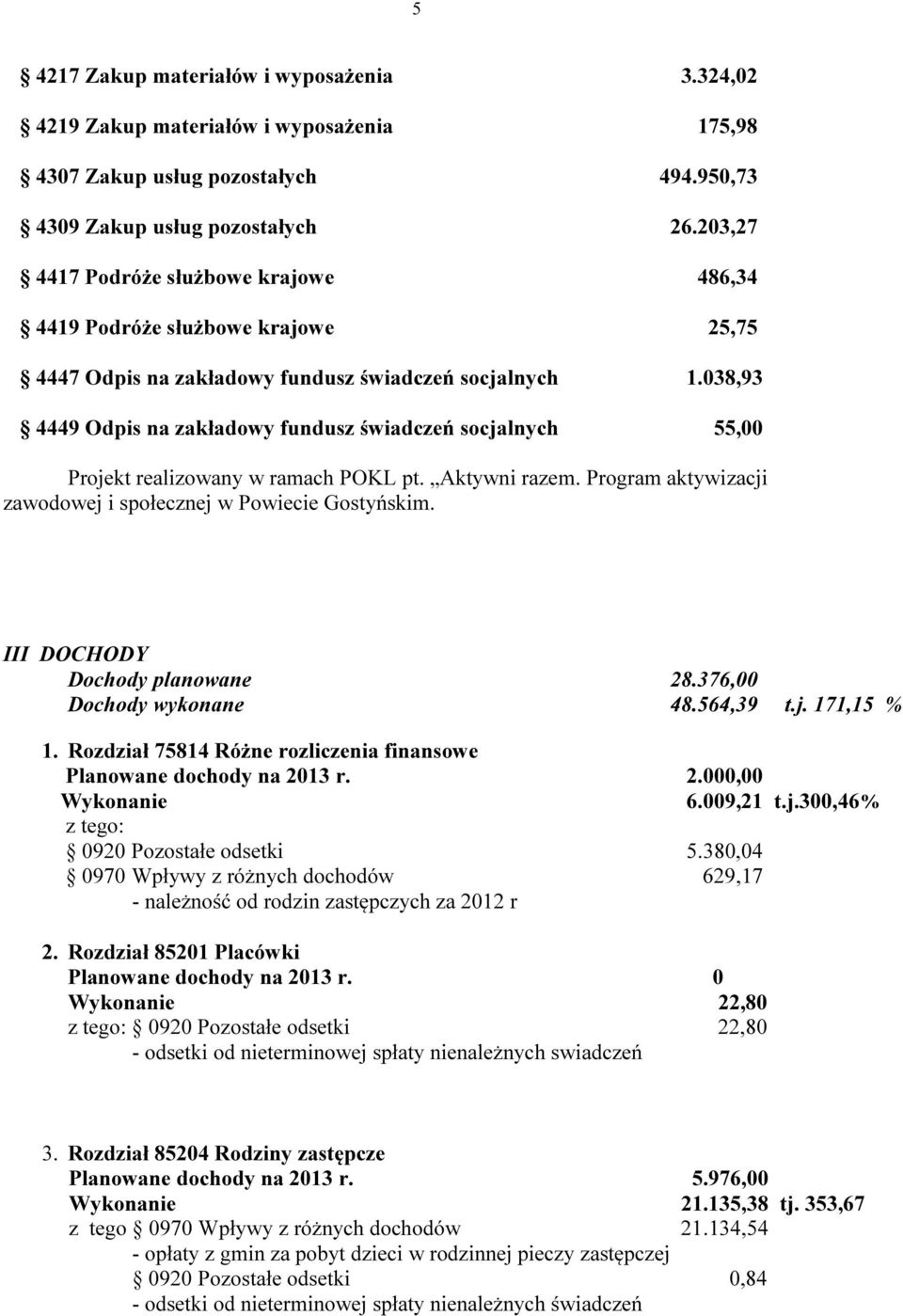 038,93 4449 Odpis na zakładowy fundusz świadczeń socjalnych 55,00 Projekt realizowany w ramach POKL pt. Aktywni razem. Program aktywizacji zawodowej i społecznej w Powiecie Gostyńskim.