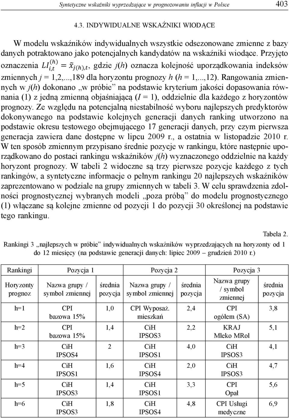 Przyjęto oznaczenia, gdzie j(h) oznacza kolejność uporządkowania indeksów zmiennych j = 1,2,...,189 dla horyzontu prognozy h (h = 1,...,12).