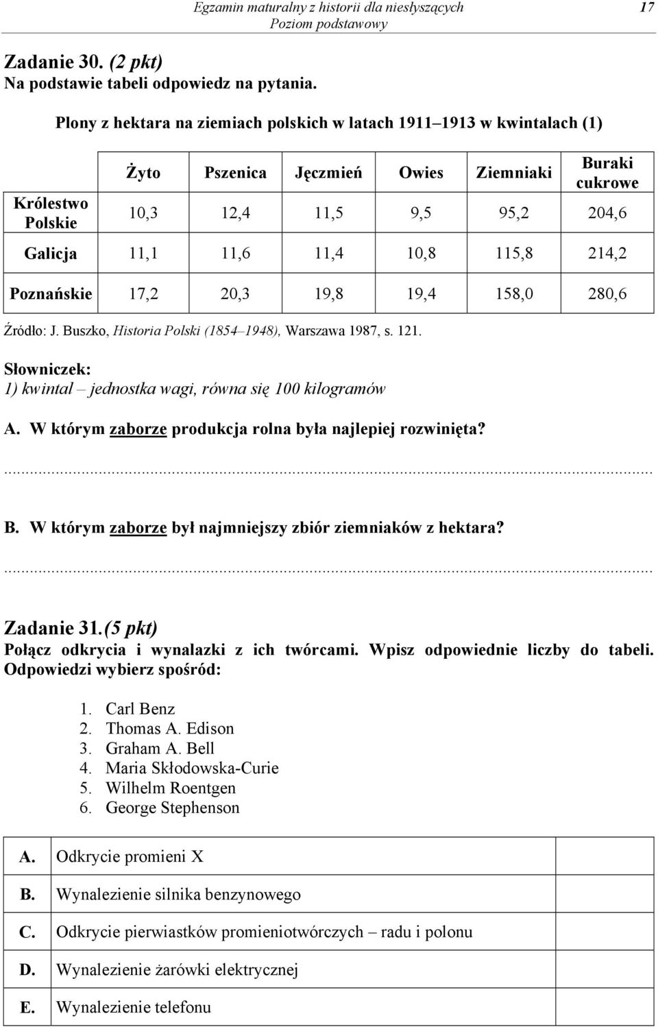 10,8 115,8 214,2 Poznańskie 17,2 20,3 19,8 19,4 158,0 280,6 Źródło: J. Buszko, Historia Polski (1854 1948), Warszawa 1987, s. 121. Słowniczek: 1) kwintal jednostka wagi, równa się 100 kilogramów A.