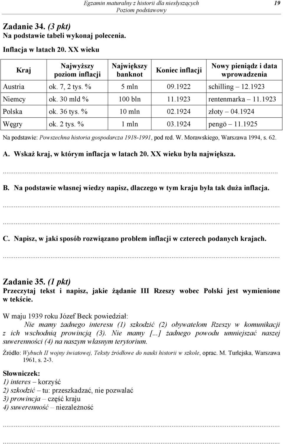 1923 rentenmarka 11.1923 Polska ok. 36 tys. % 10 mln 02.1924 złoty 04.1924 Węgry ok. 2 tys. % 1 mln 03.1924 pengö 11.1925 Na podstawie: Powszechna historia gospodarcza 1918-1991, pod red. W. Morawskiego, Warszawa 1994, s.