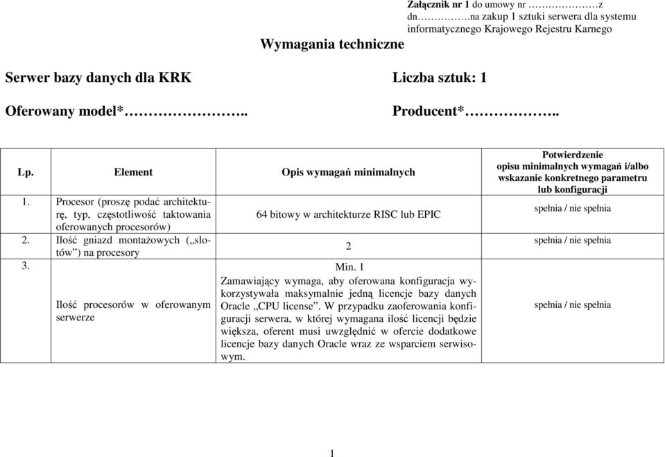 Ilość procesorów w oferowanym serwerze 64 bitowy w architekturze RISC lub EPIC 2 Min.