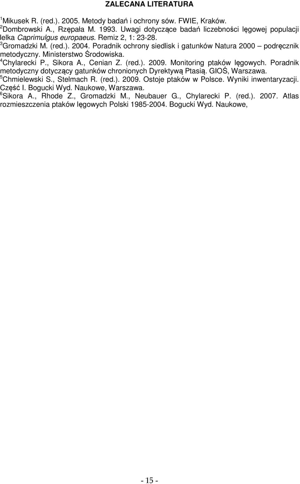Ministerstwo Środowiska. 4 Chylarecki P., Sikora A., Cenian Z. (red.). 2009. Monitoring ptaków lęgowych. Poradnik metodyczny dotyczący gatunków chronionych Dyrektywą Ptasią. GIOŚ, Warszawa.