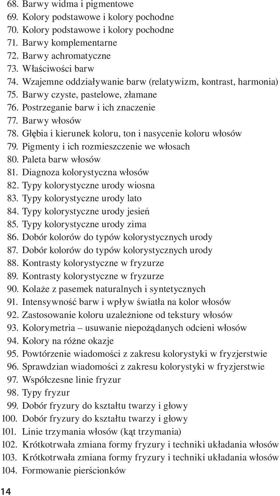 G bia i kierunek koloru, ton i nasycenie koloru w osów 79. Pigmenty i ich rozmieszczenie we w osach 80. Paleta barw w osów 81. Diagnoza kolorystyczna w osów 82. Typy kolorystyczne urody wiosna 83.