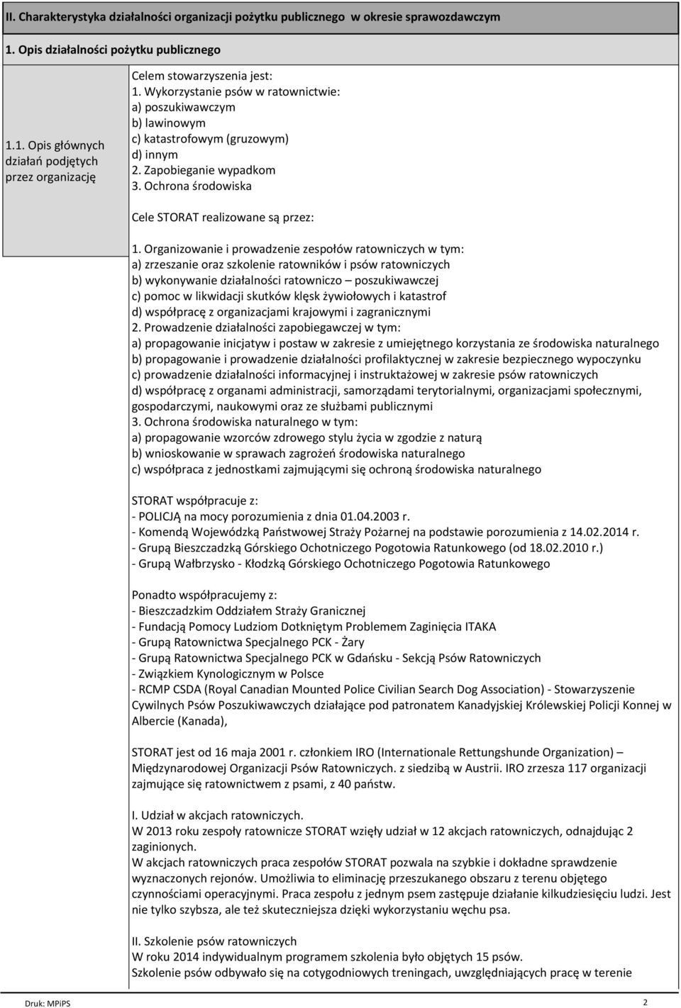 Organizowanie i prowadzenie zespołów ratowniczych w tym: a) zrzeszanie oraz szkolenie ratowników i psów ratowniczych b) wykonywanie działalności ratowniczo poszukiwawczej c) pomoc w likwidacji