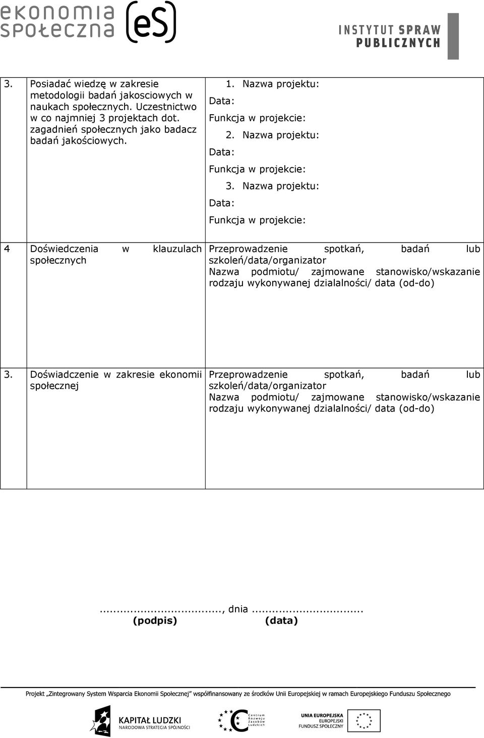 Nazwa projektu: Data: Funkcja w projekcie: 4 Doświedczenia w klauzulach społecznych Przeprowadzenie spotkań, badań lub szkoleń/data/organizator Nazwa podmiotu/ zajmowane