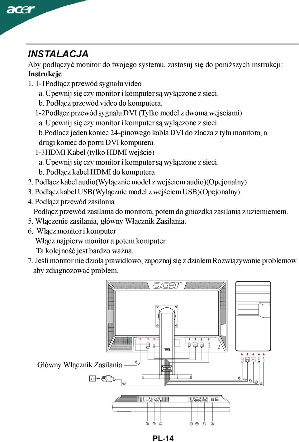 podlacz jeden koniec 24-pinowego kabla DVI do zlacza z tylu monitora, a drugi koniec do portu DVI komputera. 1-3HDMI Kabel (tylko HDMI wejście) a.