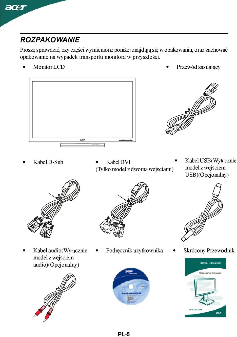 Monitor LCD Przewód zasilający Kabel D-Sub Kabel DVI Kabel USB(Wyłącznie (Tylko model z dwoma