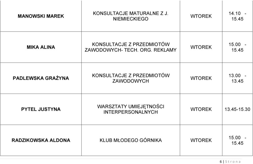 45 PADLEWSKA GRAŻYNA ZAWODOWYCH WTOREK 13.00-13.