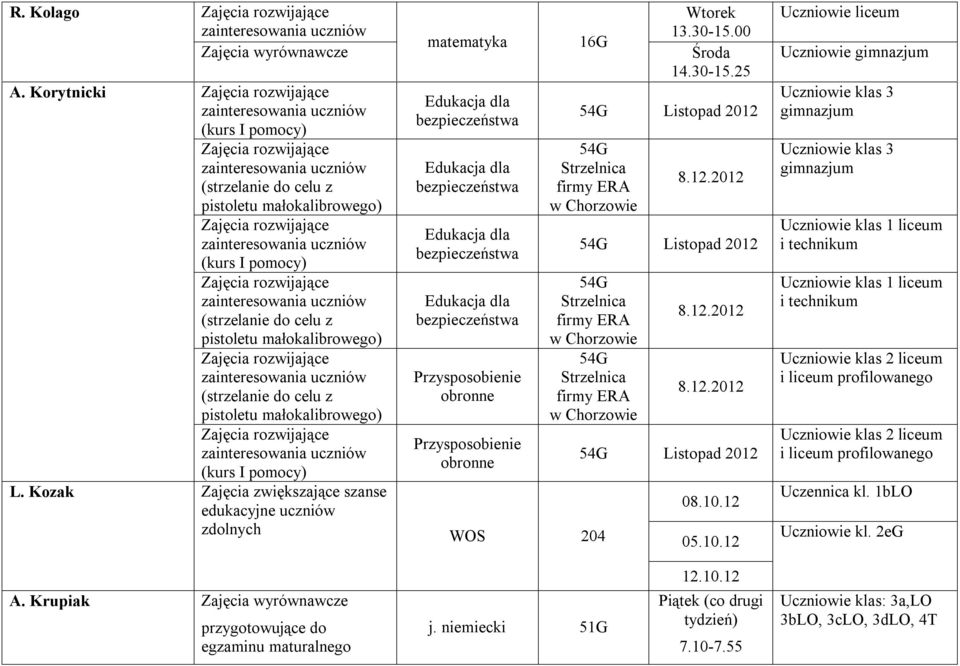 pomocy) L. Kozak matematyka Przysposobienie obronne Przysposobienie obronne 16G 13.30-15.00 14.30-15.25 Listopad 2012 