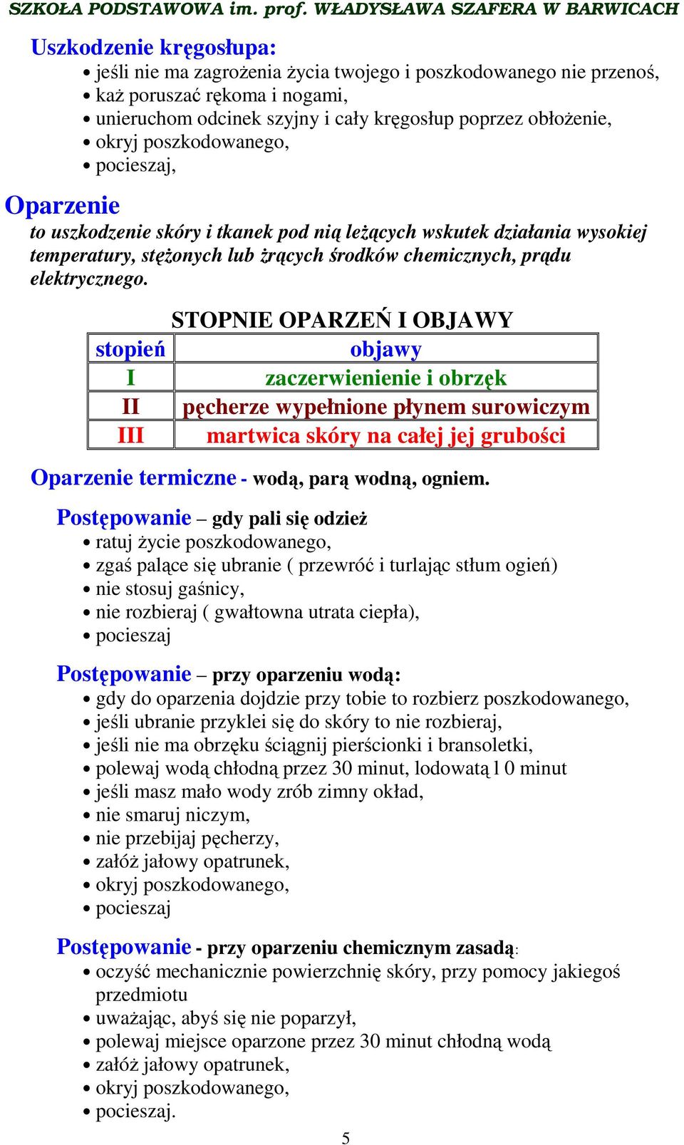 STOPNIE OPARZEŃ I OBJAWY stopień objawy I zaczerwienienie i obrzęk II pęcherze wypełnione płynem surowiczym III martwica skóry na całej jej grubości Oparzenie termiczne - wodą, parą wodną, ogniem.