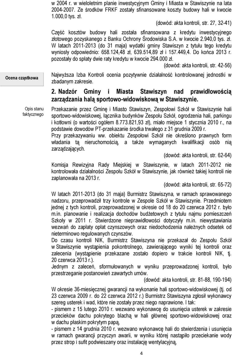 940,0 tys. zł. W latach 2011-2013 (do 31 maja) wydatki gminy Stawiszyn z tytułu tego kredytu wyniosły odpowiednio: 658.124,48 zł, 639.514,89 zł i 157.449,4. Do końca 2013 r.