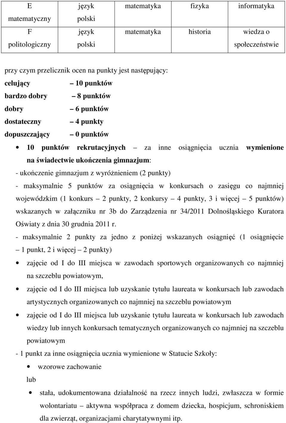 ukończenie gimnazjum z wyróżnieniem (2 punkty) - maksymalnie 5 punktów za osiągnięcia w konkursach o zasięgu co najmniej wojewódzkim (1 konkurs 2 punkty, 2 konkursy 4 punkty, 3 i więcej 5 punktów)