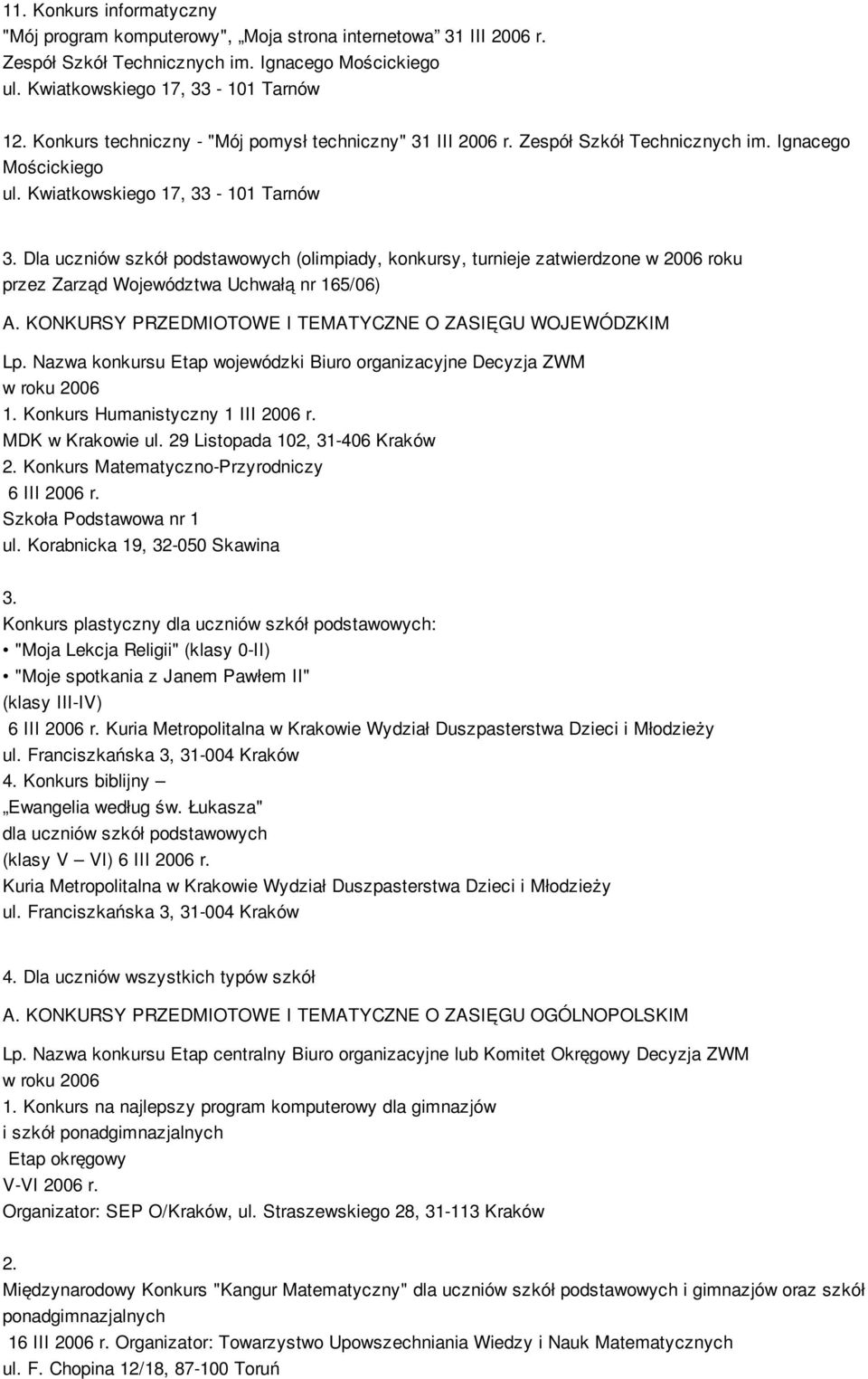 Dla uczniów szkół podstawowych (olimpiady, konkursy, turnieje zatwierdzone w 2006 roku przez Zarząd Województwa Uchwałą nr 165/06) A. KONKURSY PRZEDMIOTOWE I TEMATYCZNE O ZASIĘGU WOJEWÓDZKIM Lp.