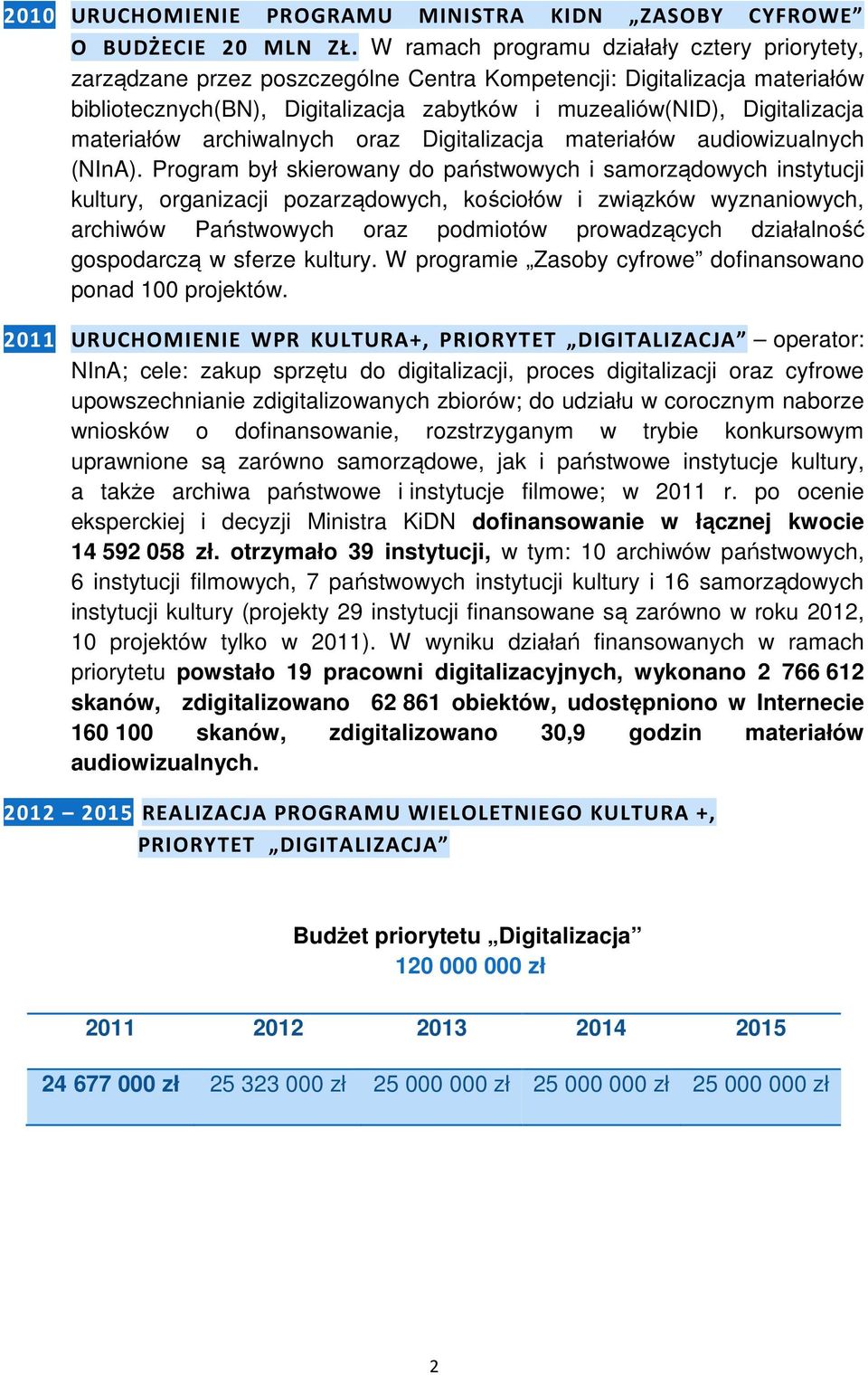 materiałów archiwalnych oraz Digitalizacja materiałów audiowizualnych (NInA).