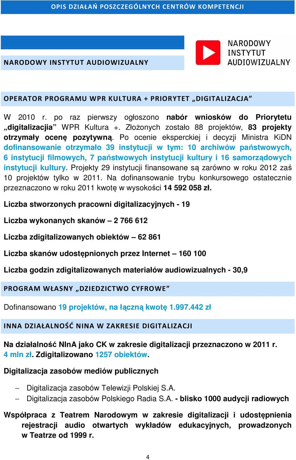 Po ocenie eksperckiej i decyzji Ministra KiDN dofinansowanie otrzymało 39 instytucji w tym: 10 archiwów państwowych, 6 instytucji filmowych, 7 państwowych instytucji kultury i 16 samorządowych