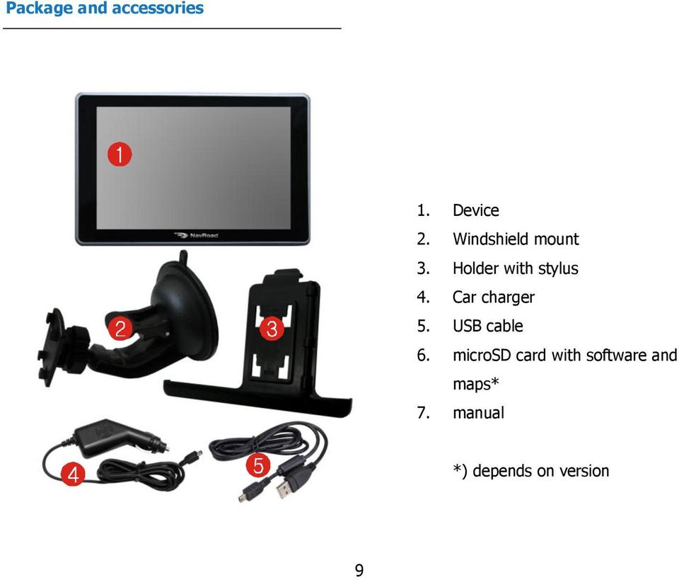 Car charger 5. USB cable 6.