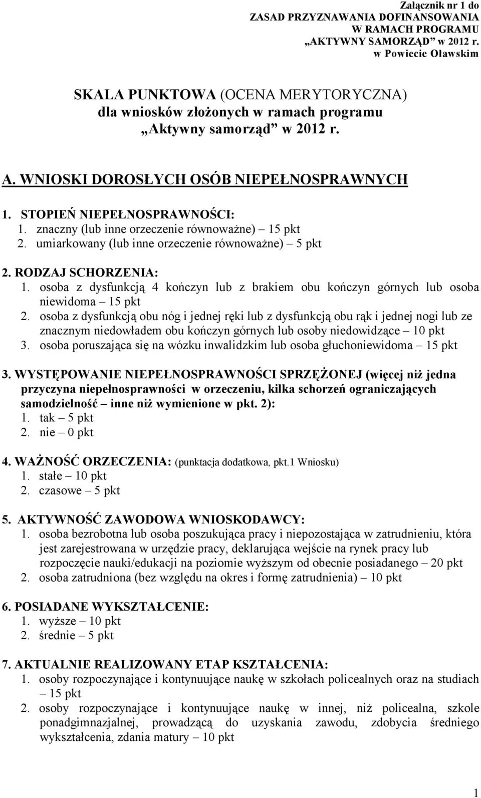 STOPIEŃ NIEPEŁNOSPRAWNOŚCI: 1. znaczny (lub inne orzeczenie równoważne) 15 pkt 2. umiarkowany (lub inne orzeczenie równoważne) 5 pkt 2. RODZAJ SCHORZENIA: 1.