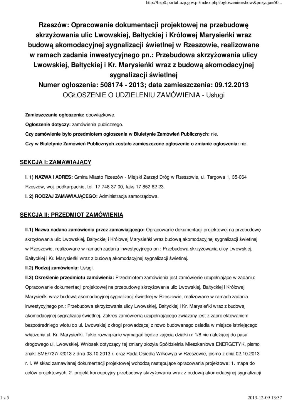 Marysieńki wraz z budową akomodacyjnej sygnalizacji świetlnej Numer ogłoszenia: 508174-2013; data zamieszczenia: 09.12.