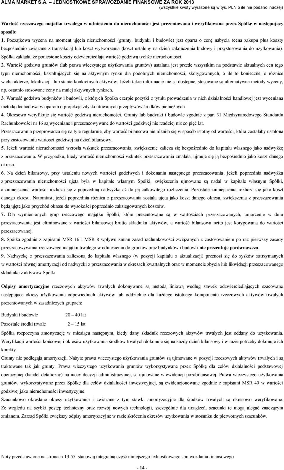 ustalony na dzień zakończenia budowy i przystosowania do użytkowania). Spółka zakłada, że poniesione koszty odzwierciedlają wartość godziwą tychże nieruchomości. 2.