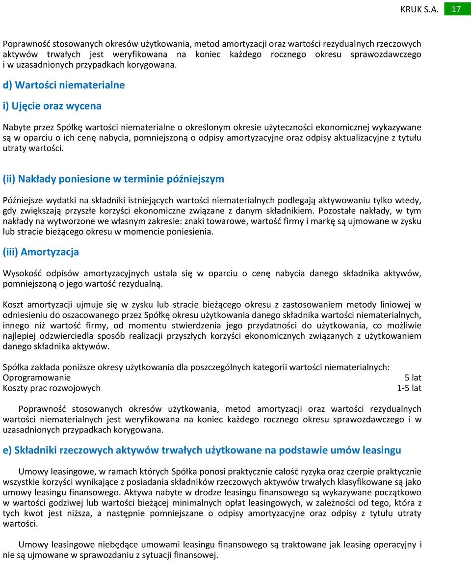 d) Wartości niematerialne i) Ujęcie oraz wycena Nabyte przez Spółkę wartości niematerialne o określonym okresie użyteczności ekonomicznej wykazywane są w oparciu o ich cenę nabycia, pomniejszoną o