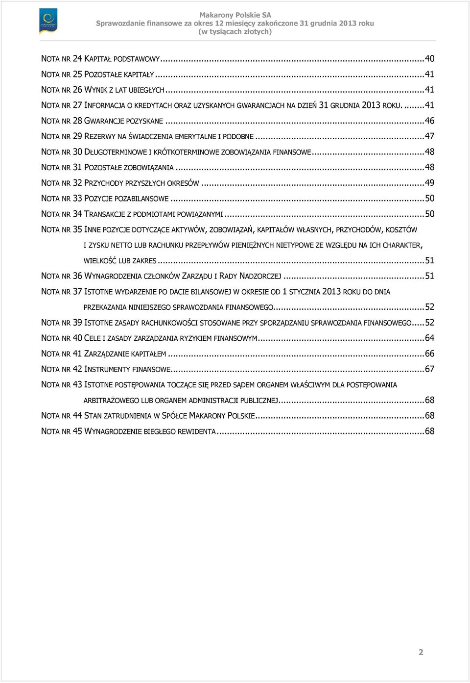 .. 47 NOTA NR 30 DŁUGOTERMINOWE I KRÓTKOTERMINOWE ZOBOWIĄZANIA FINANSOWE... 48 NOTA NR 31 POZOSTAŁE ZOBOWIĄZANIA... 48 NOTA NR 32 PRZYCHODY PRZYSZŁYCH OKRESÓW... 49 NOTA NR 33 POZYCJE POZABILANSOWE.