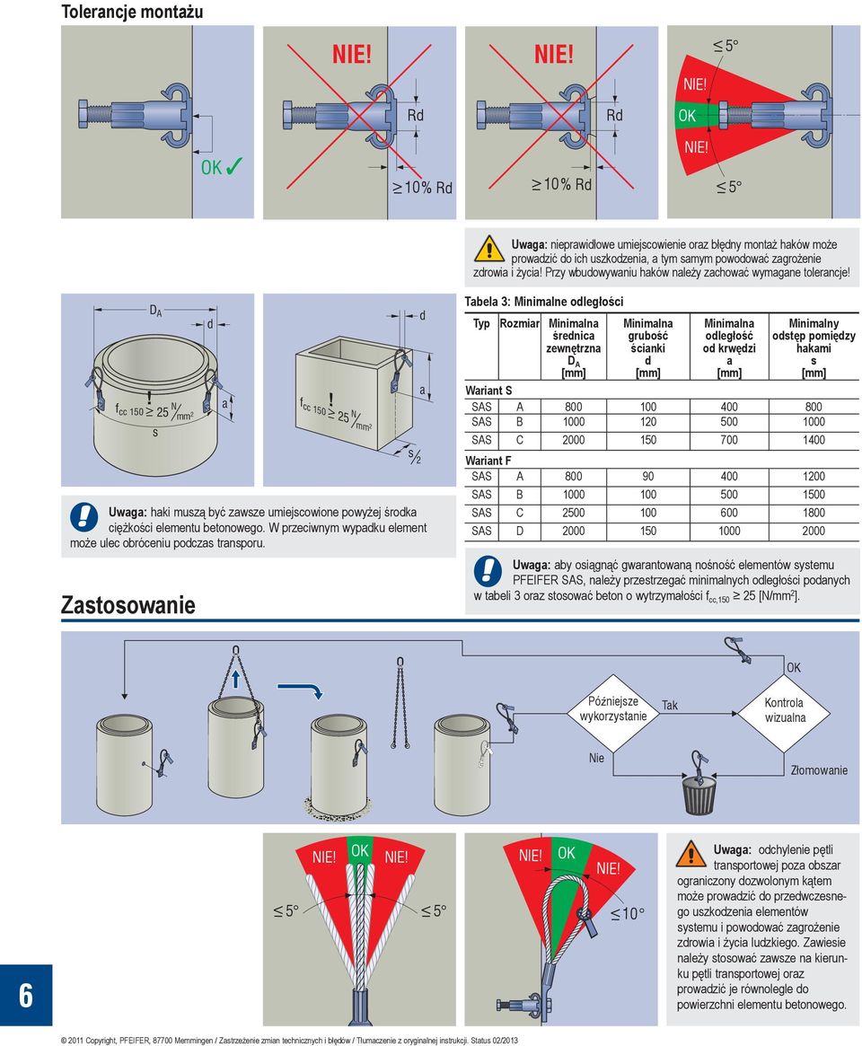 rzy wbudowywaniu haków należy zachować wymagane tolerancje! Tabela 3: Minimalne odległości DA d! fcc 150 > _ 25 N d mm2 fcc 1 a!