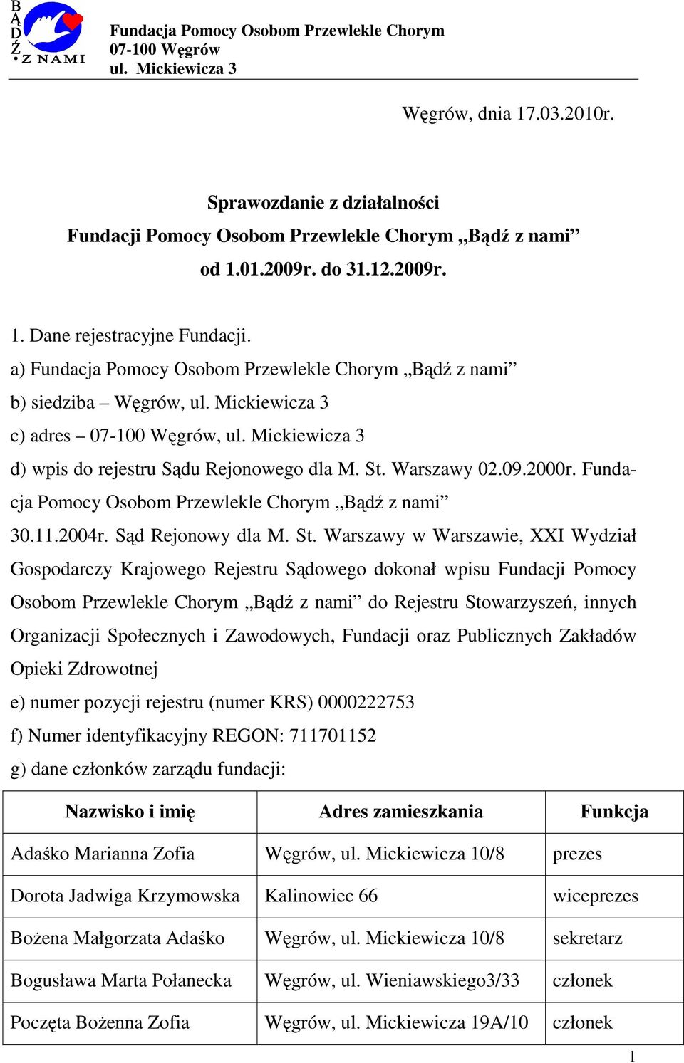 Fundacja Pomocy Osobom Przewlekle Chorym Bądź z nami 30.11.2004r. Sąd Rejonowy dla M. St.