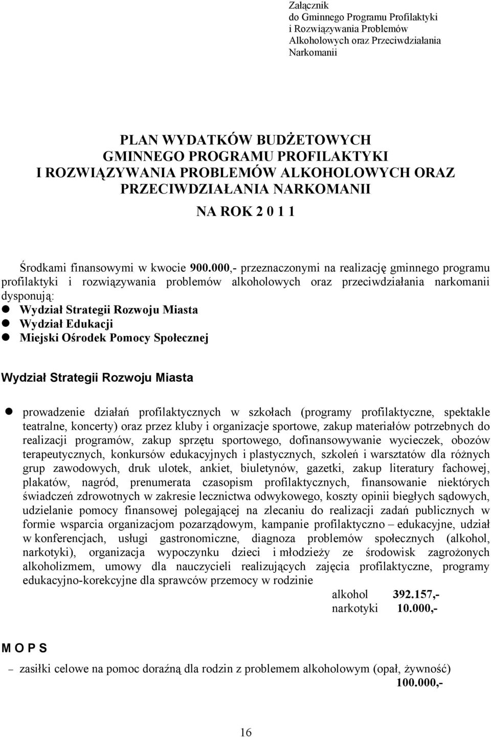 000,- przeznaczonymi na realizację gminnego programu profilaktyki i rozwiązywania problemów alkoholowych oraz przeciwdziałania narkomanii dysponują: Wydział Strategii Rozwoju Miasta Wydział Edukacji