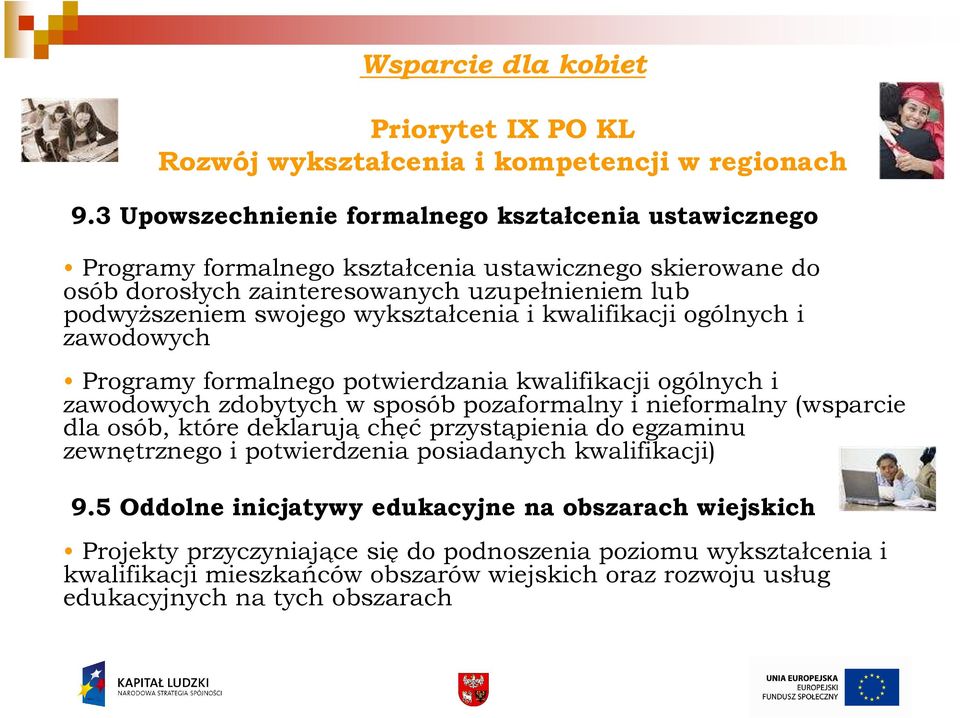 wykształcenia i kwalifikacji ogólnych i zawodowych Programy formalnego potwierdzania kwalifikacji ogólnych i zawodowych zdobytych w sposób pozaformalny i nieformalny (wsparcie dla osób, które