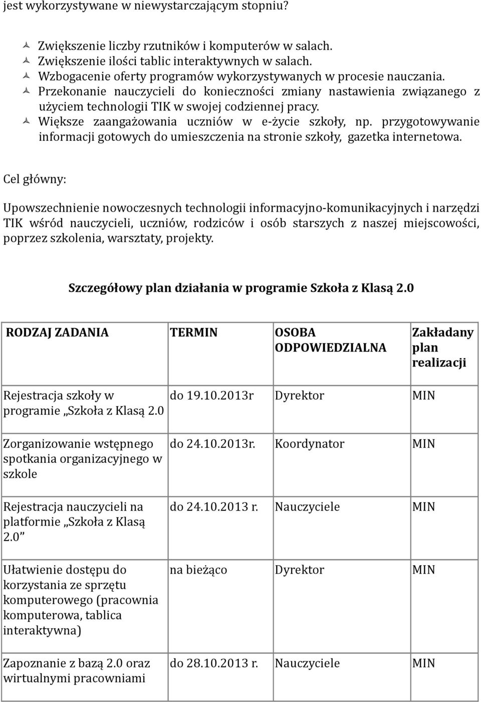 Większe zaangażowania uczniów w e-życie szkoły, np. przygotowywanie informacji gotowych do umieszczenia na stronie szkoły, gazetka internetowa.