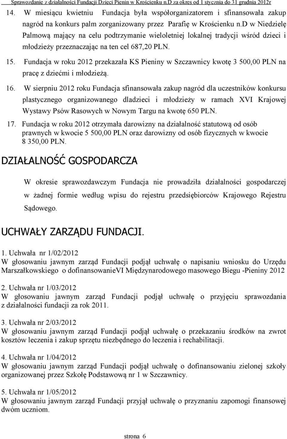 Fundacja w roku 2012 przekazała KS Pieniny w Szczawnicy kwotę 3 500,00 PLN na pracę z dziećmi i młodzieżą. 16.