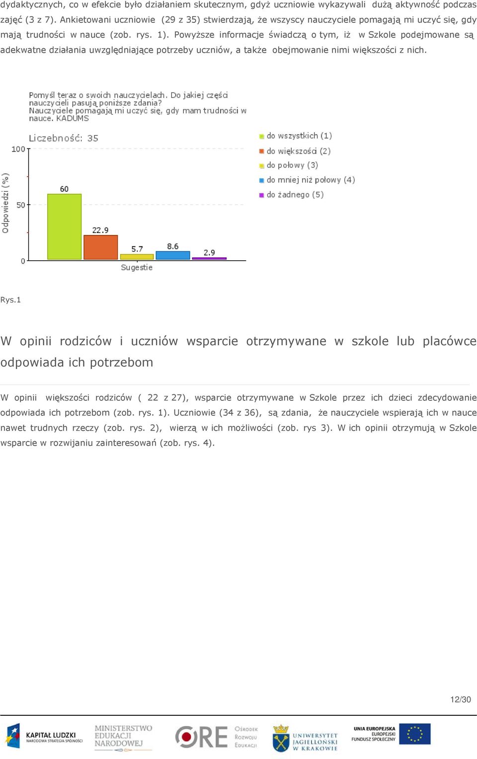 Powyższe informacje świadczą o tym, iż w Szkole podejmowane są adekwatne działania uwzględniające potrzeby uczniów, a także obejmowanie nimi większości z nich. Rys.