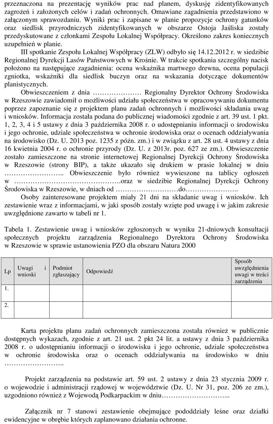 Określono zakres koniecznych uzupełnień w planie. III spotkanie Zespołu Lokalnej Współpracy (ZLW) odbyło się 14.12.2012 r. w siedzibie Regionalnej Dyrekcji Lasów Państwowych w Krośnie.