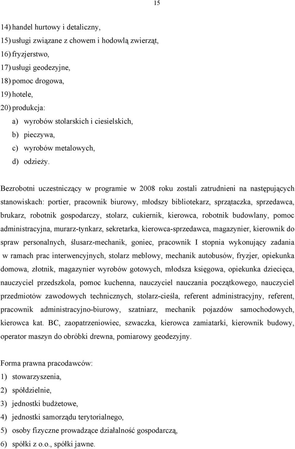 Bezrobotni uczestniczący w programie w 2008 roku zostali zatrudnieni na następujących stanowiskach: portier, pracownik biurowy, młodszy bibliotekarz, sprzątaczka, sprzedawca, brukarz, robotnik