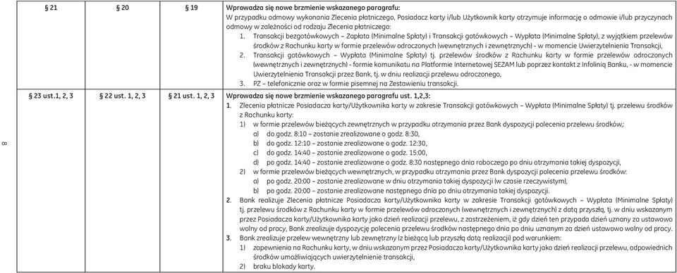 środków z Rachunku karty w formie przelewów odroczonych (wewnętrznych i zewnętrznych) - w momencie Uwierzytelnienia Transakcji, Transakcji gotówkowych Wypłata (Minimalne Spłaty) tj przelewów środków
