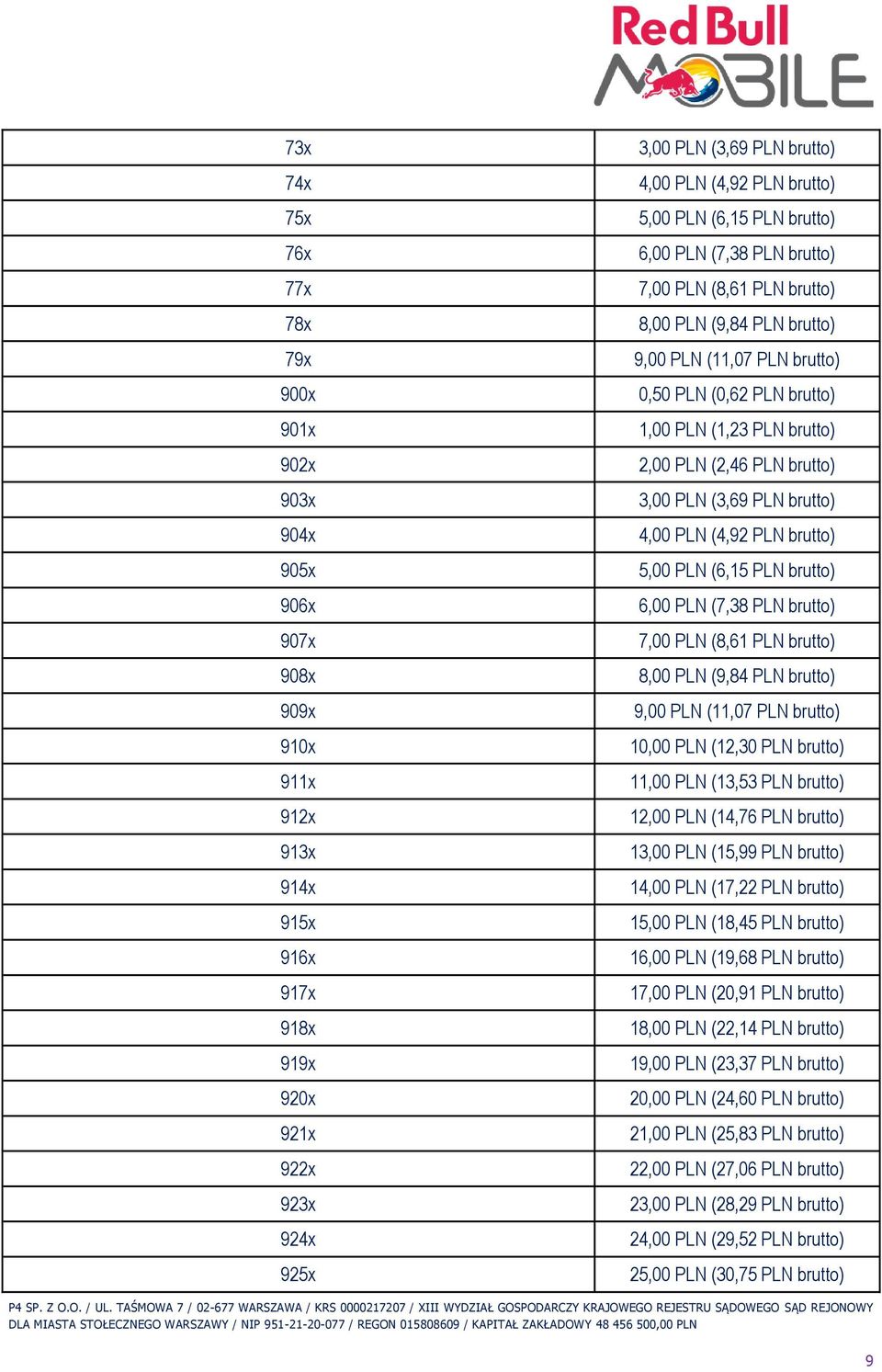 brutto) 2,00 PLN (2,46 PLN brutto) 3,00 PLN (3,69 PLN brutto) 4,00 PLN (4,92 PLN brutto) 5,00 PLN (6,15 PLN brutto) 6,00 PLN (7,38 PLN brutto) 7,00 PLN (8,61 PLN brutto) 8,00 PLN (9,84 PLN brutto)