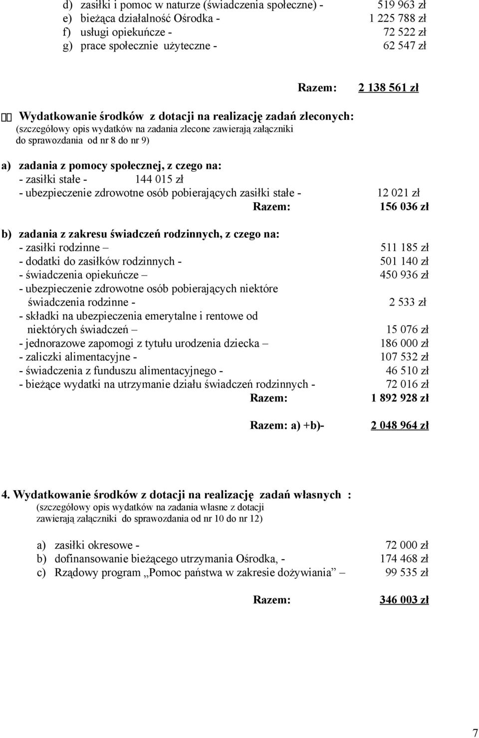 społecznej, z czego na: - zasiłki stałe 144 015 zł - ubezpieczenie zdrowotne osób pobierających zasiłki stałe Razem: b) zadania z zakresu świadczeń rodzinnych, z czego na: - zasiłki rodzinne -