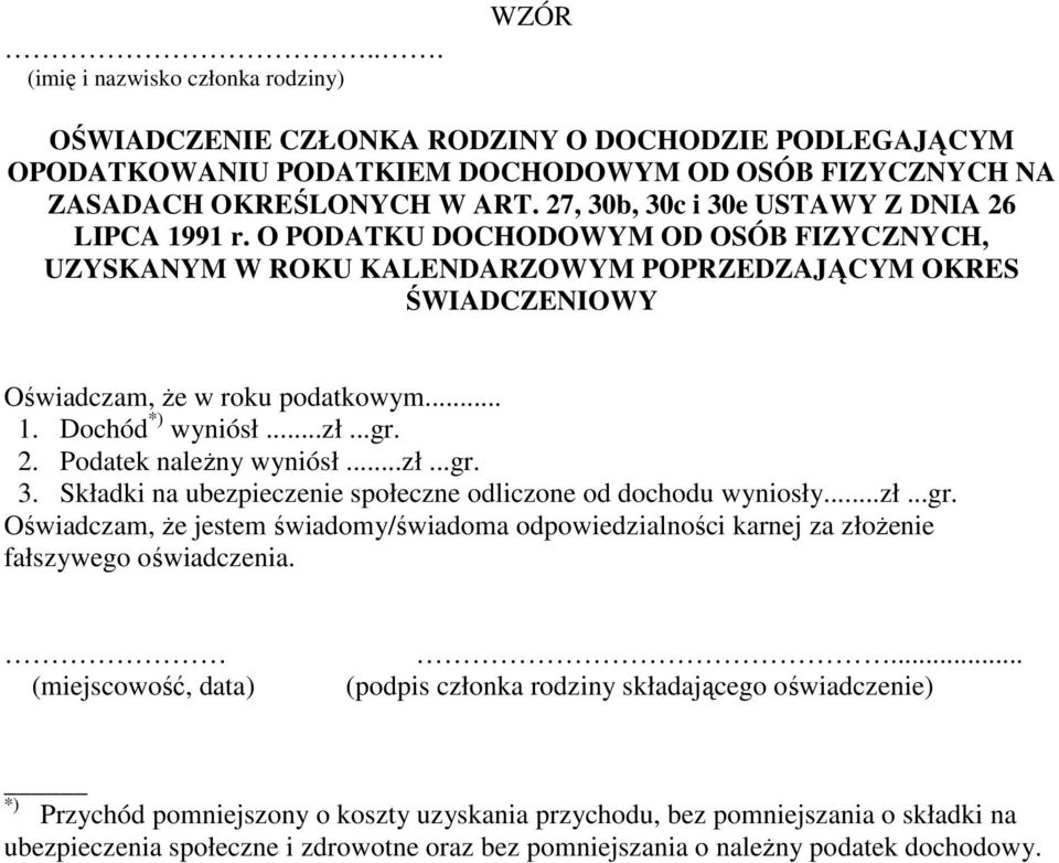 ..zł...gr. 2. Podatek należny wyniósł...zł...gr. 3. Składki na ubezpieczenie społeczne odliczone od dochodu wyniosły...zł...gr. Oświadczam, że jestem świadomy/świadoma odpowiedzialności karnej za złożenie fałszywego oświadczenia.