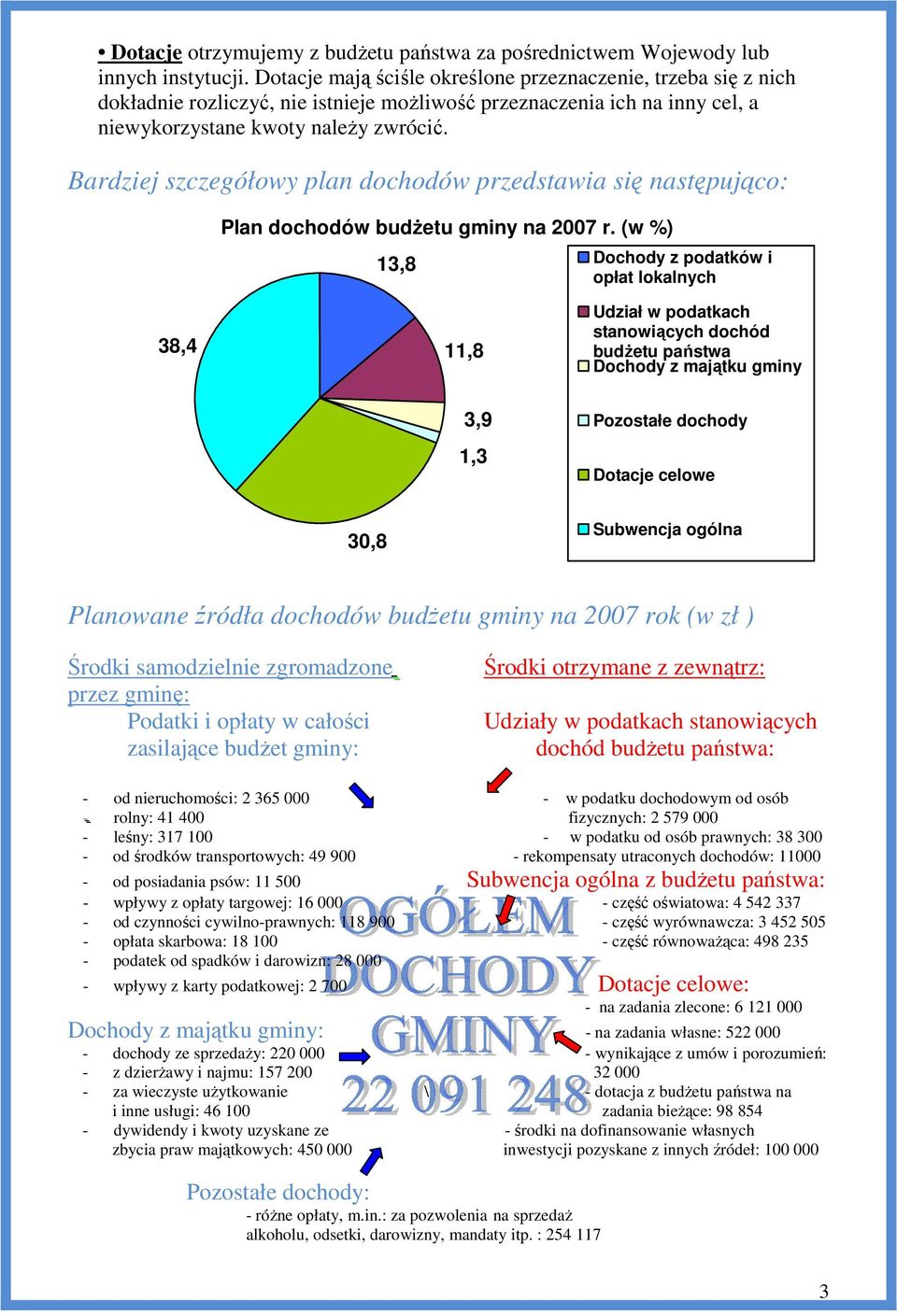 Bardziej szczegółowy plan dochodów przedstawia się następująco: Plan dochodów budżetu gminy na 2007 r.