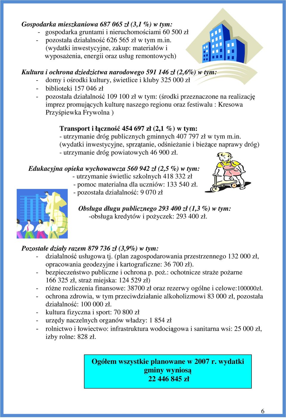 325 000 zł - biblioteki 157 046 zł - pozostała działalność 109 100 zł w tym: (środki przeznaczone na realizację imprez promujących kulturę naszego regionu oraz festiwalu : Kresowa Przyśpiewka