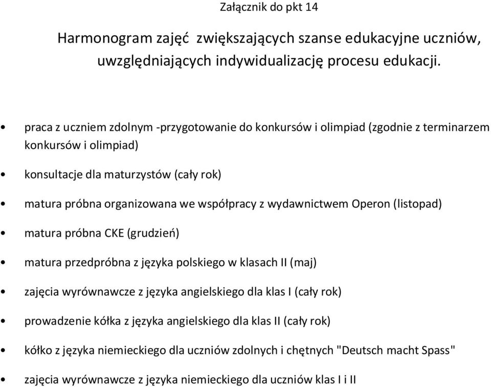 współpracy z wydawnictwem Operon (listopad) matura próbna CKE (grudzień) matura przedpróbna z języka polskiego w klasach II (maj) zajęcia wyrównawcze z języka angielskiego dla